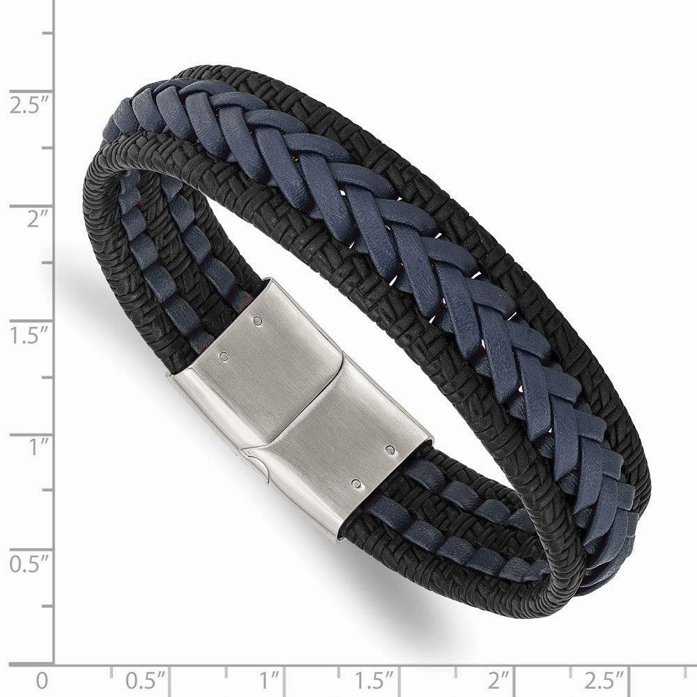 Stainless Steel Polished Black/Blue Braided Leather 8.25in Bracelet