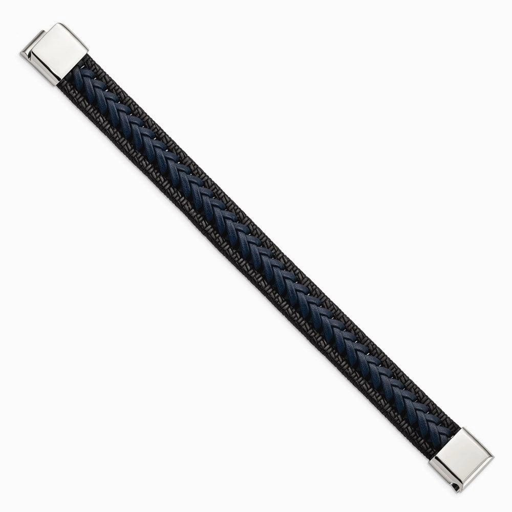 Stainless Steel Polished Black/Blue Braided Leather 8.25in Bracelet