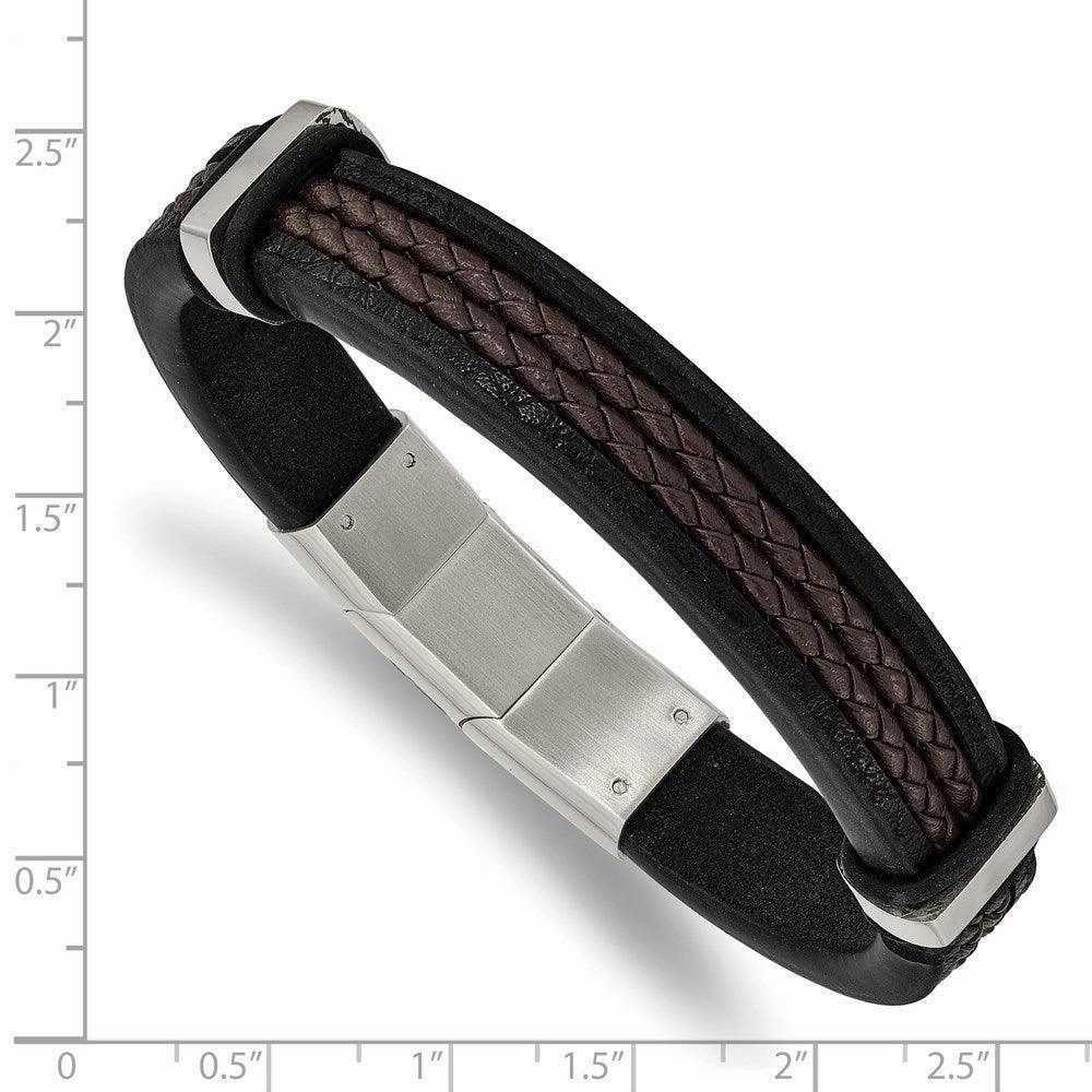 Stainless Steel Polished Black/Brown Braided Leather w/.5in ext. Bracelet