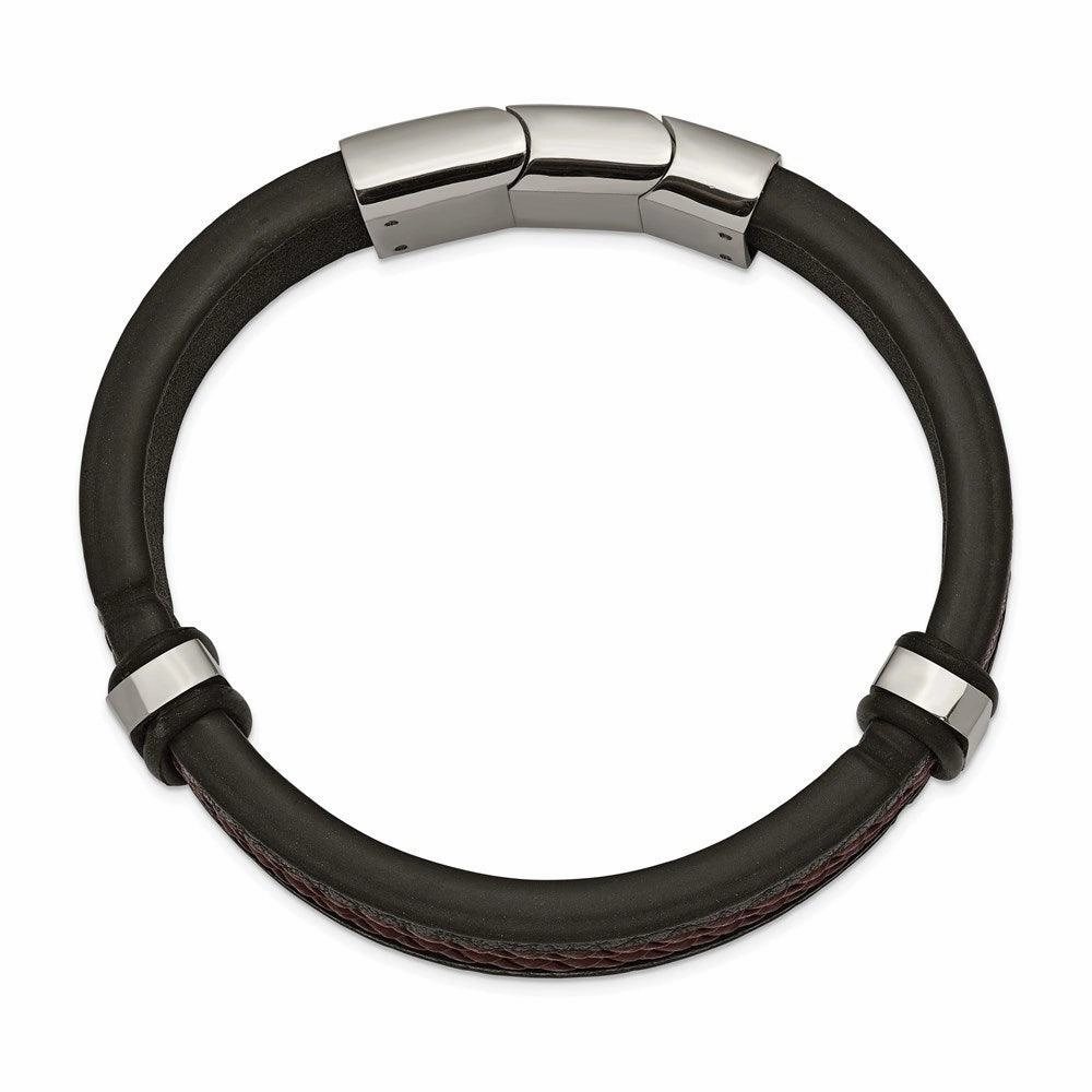 Stainless Steel Polished Black/Brown Braided Leather w/.5in ext. Bracelet