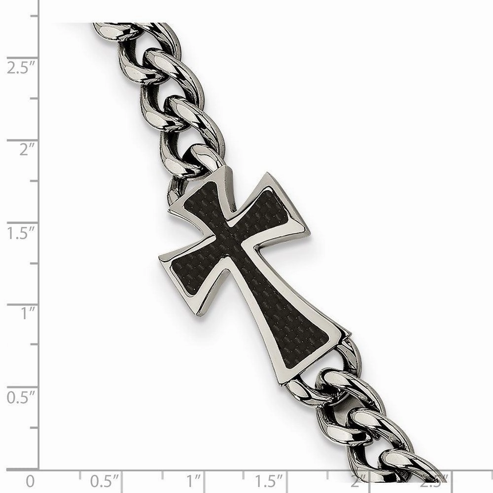 Stainless Steel Polished Black Carbon Fiber Inlay Cross 8.5in Bracelet
