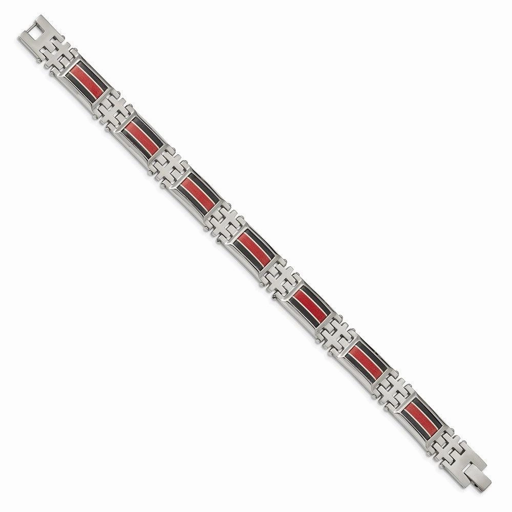Stainless Steel Polished Black Carbon Fiber/Red Fiber Glass Inlay Bracelet