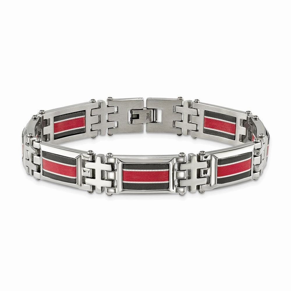 Stainless Steel Polished Black Carbon Fiber/Red Fiber Glass Inlay Bracelet
