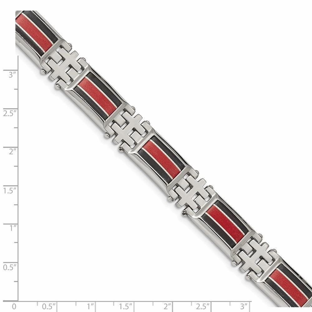 Stainless Steel Polished Black Carbon Fiber/Red Fiber Glass Inlay Bracelet