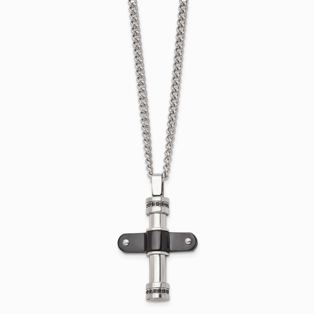 Stainless Steel Polished Black IP Black CZ Cross Necklace