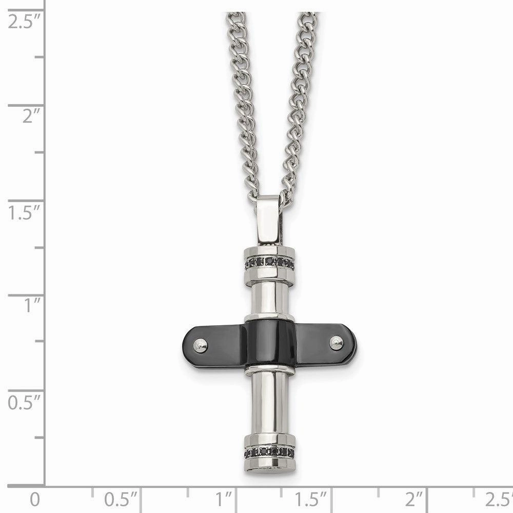 Stainless Steel Polished Black IP Black CZ Cross Necklace