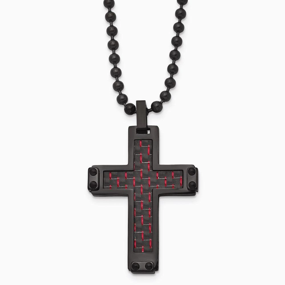 Stainless Steel Polished Black IP Blk/Red Carbon Fiber Inlay Cross Necklace