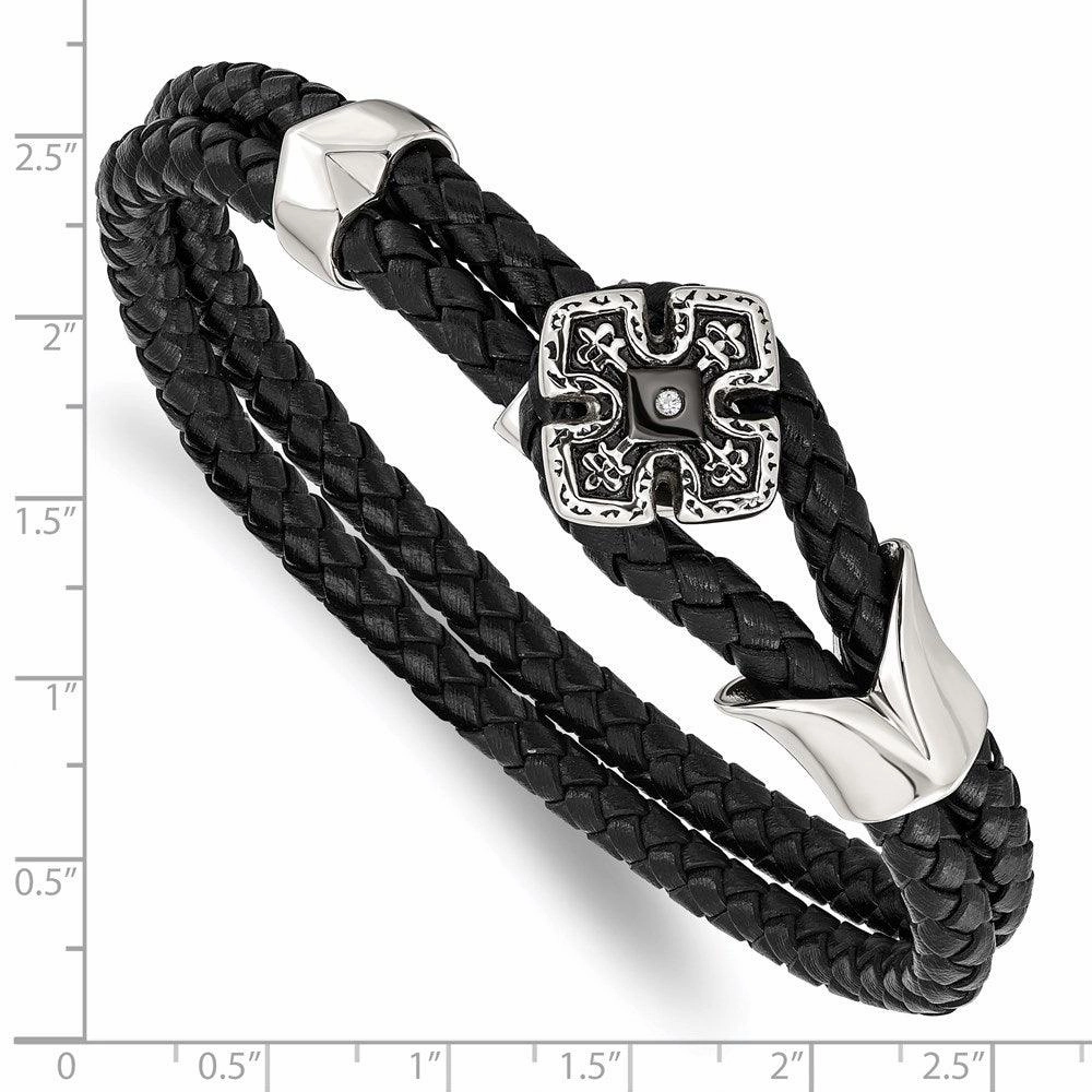 Stainless Steel Polished Black IP Braided Black Leather CZ Bracelet