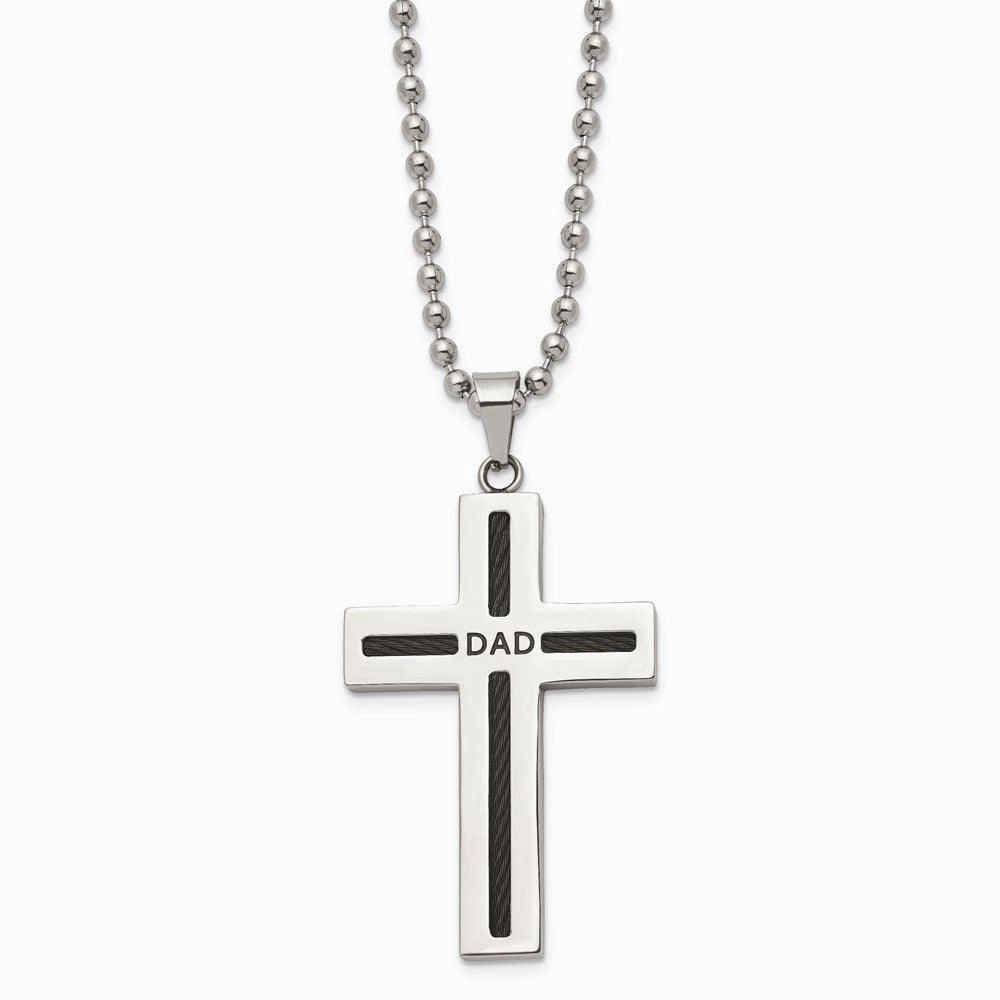 Stainless Steel Polished Black IP Cable Dad Cross Necklace