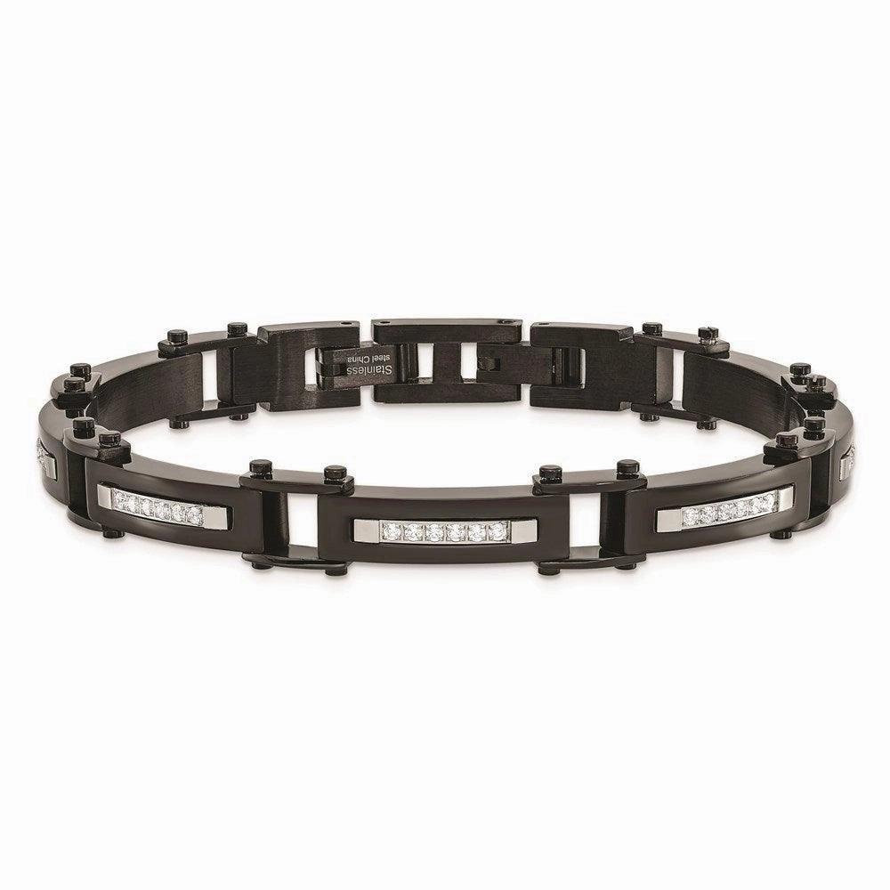 Stainless Steel Polished Black IP CZ w/.50in ext. Link Bracelet