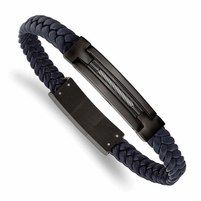 Stainless Steel Polished Black IP Navy Blue Leather w/.5in ext 8in Bracelet