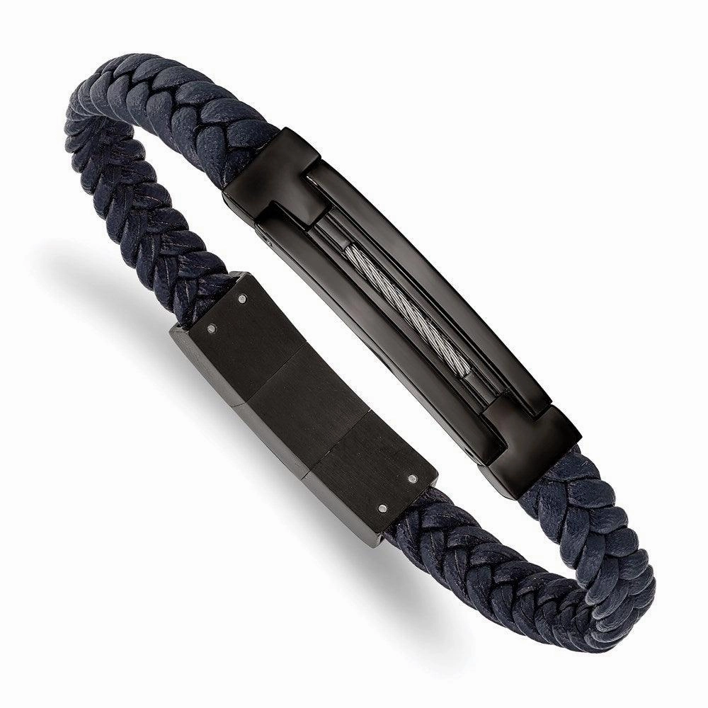 Stainless Steel Polished Black IP Navy Blue Leather w/.5in ext 8in Bracelet