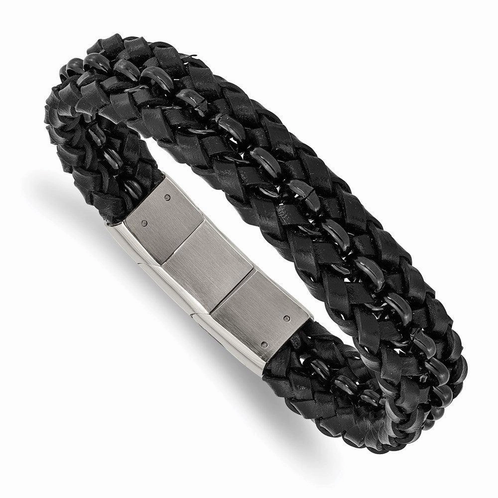 Stainless Steel Polished Black IP-plated Black Leather w/.5in ext Bracelet