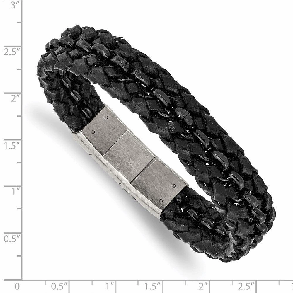 Stainless Steel Polished Black IP-plated Black Leather w/.5in ext Bracelet