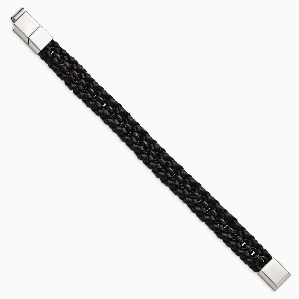Stainless Steel Polished Black IP-plated Black Leather w/.5in ext Bracelet