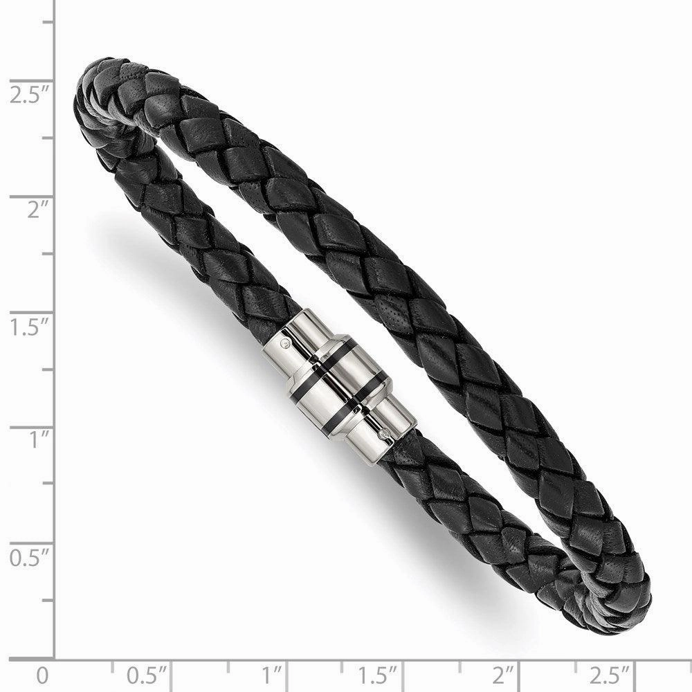 Stainless Steel Polished Black IP-plated Black Woven Leather Bracelet