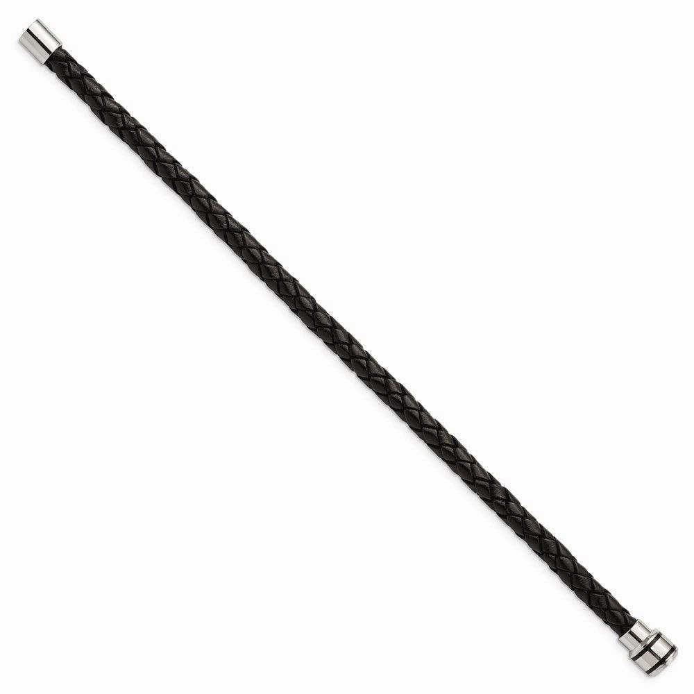 Stainless Steel Polished Black IP-plated Black Woven Leather Bracelet