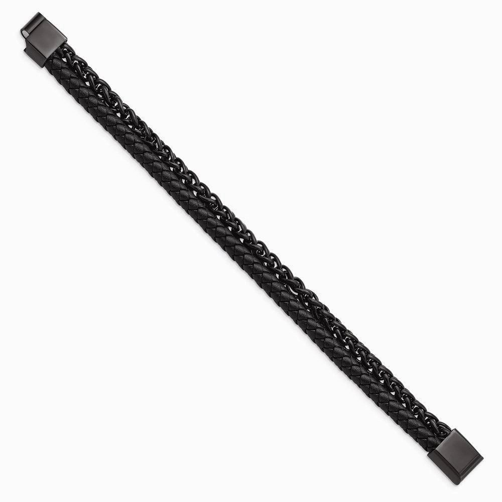 Stainless Steel Polished Black IP-plated Chain Black Leather 8.5in Bracelet