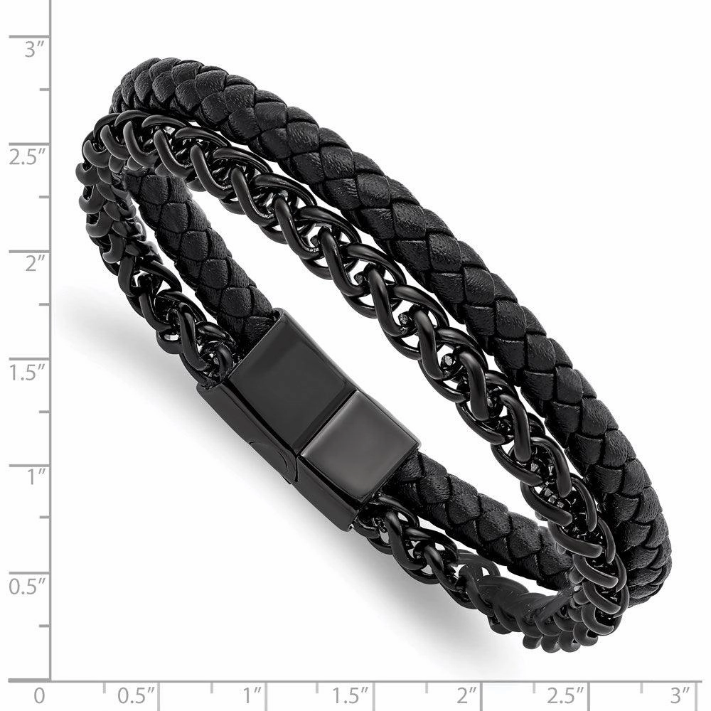 Stainless Steel Polished Black IP-plated Chain Black Leather 8.5in Bracelet