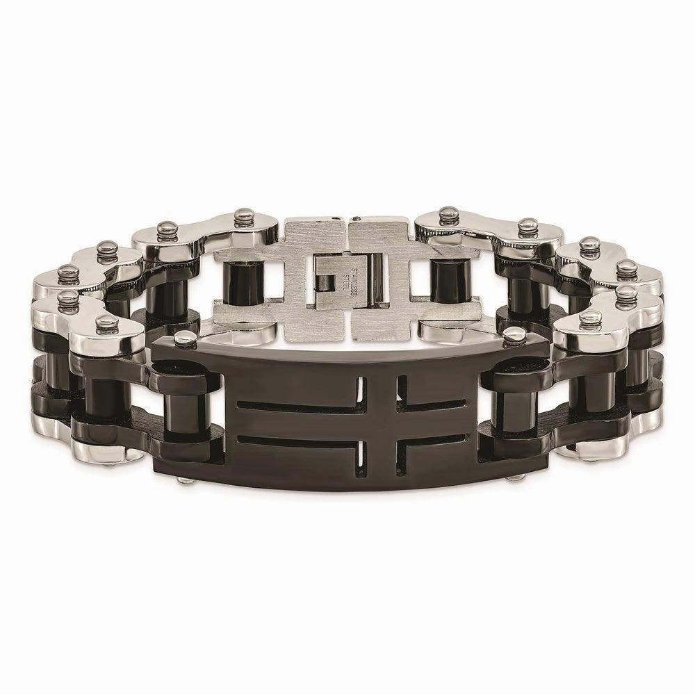 Stainless Steel Polished Black IP-plated Cross 9in ID Bracelet