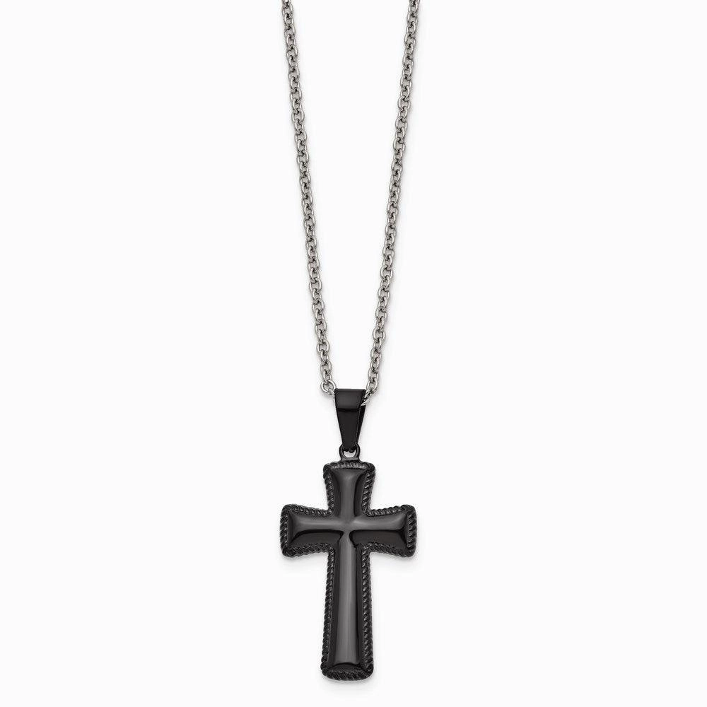 Stainless Steel Polished Black IP-plated Medium Pillow Cross Necklace