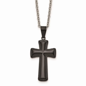 Stainless Steel Polished Black IP-plated Medium Pillow Cross Necklace
