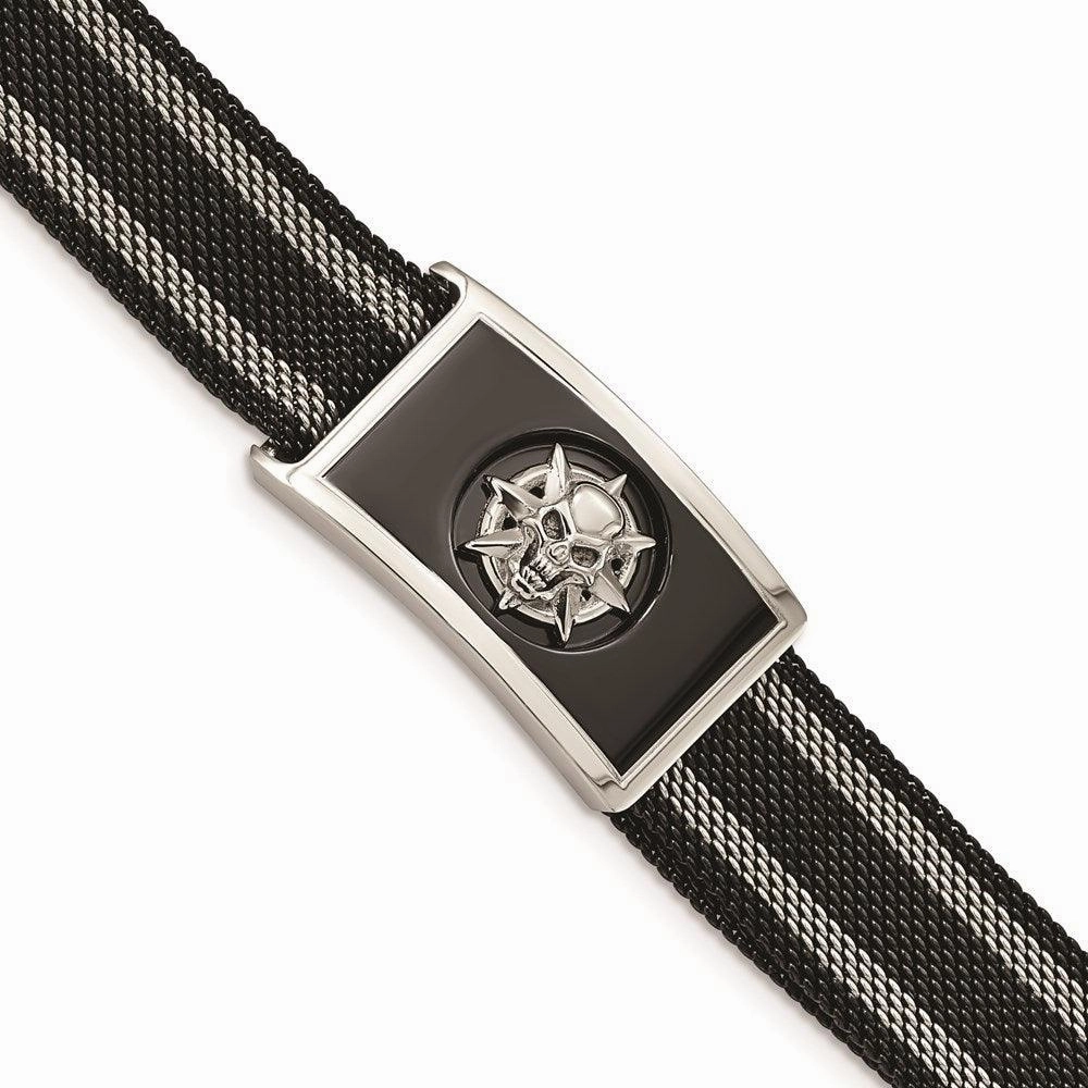 Stainless Steel Polished Black IP-plated Mesh Adj Magnetic Skull Bracelet