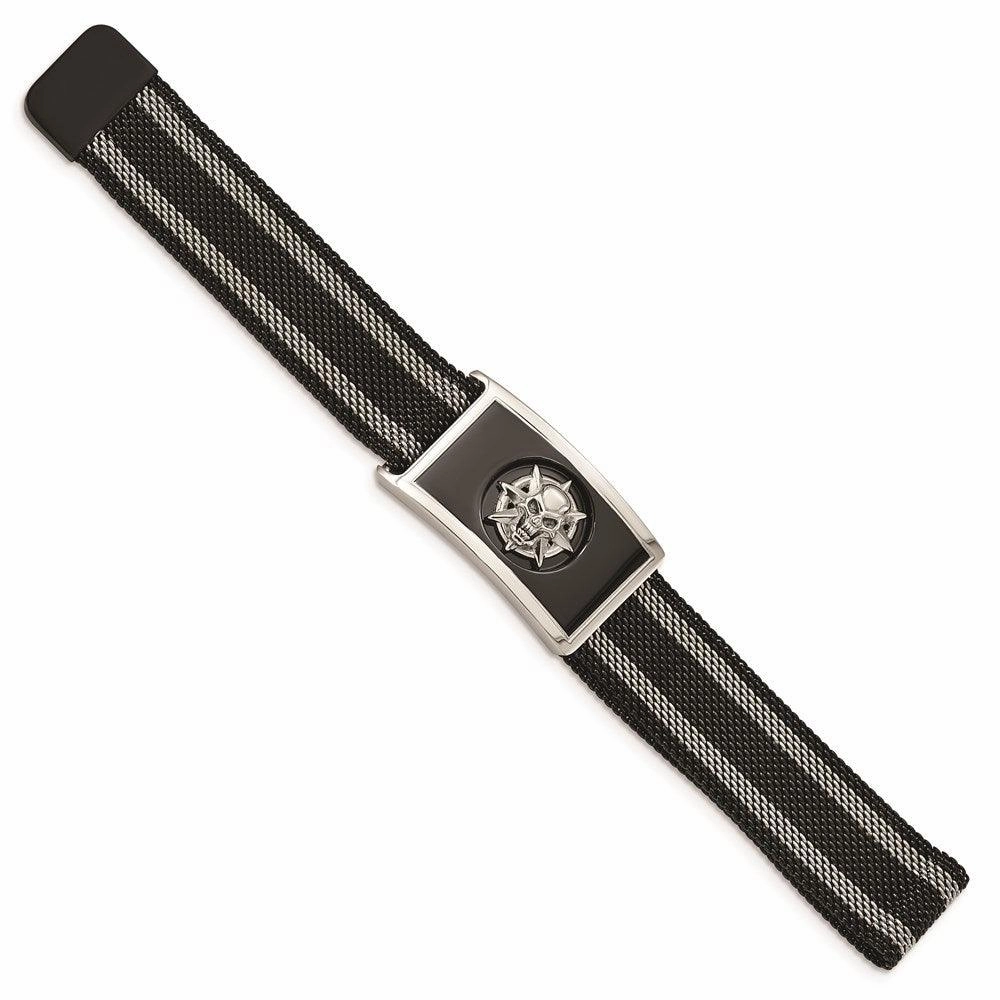 Stainless Steel Polished Black IP-plated Mesh Adj Magnetic Skull Bracelet