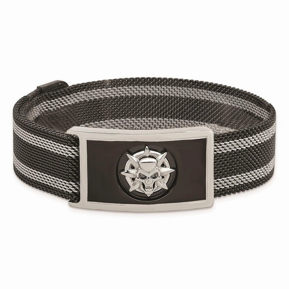 Stainless Steel Polished Black IP-plated Mesh Adj Magnetic Skull Bracelet