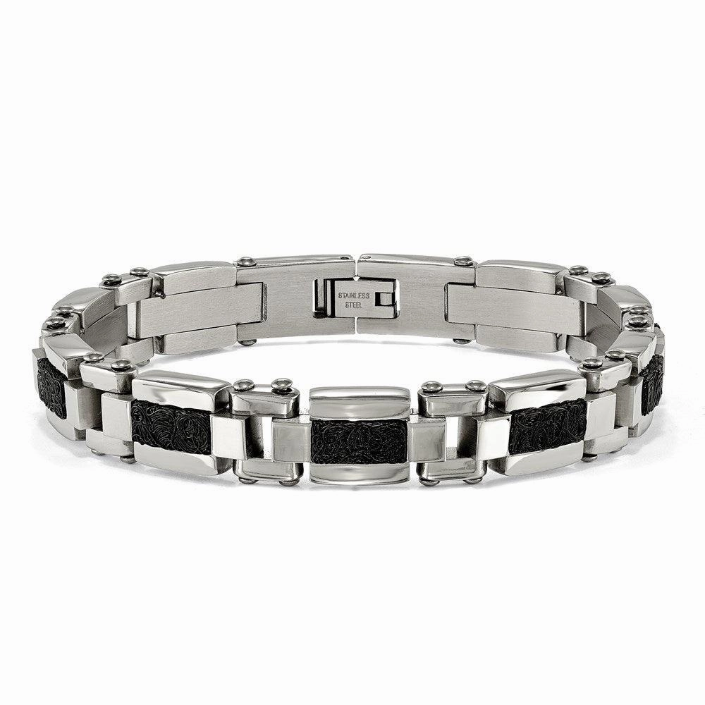 Stainless Steel Polished Black IP-plated Textured Wire Inlay 8.5in Bracelet