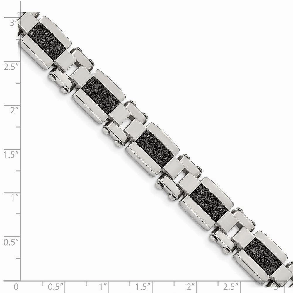 Stainless Steel Polished Black IP-plated Textured Wire Inlay 8.5in Bracelet