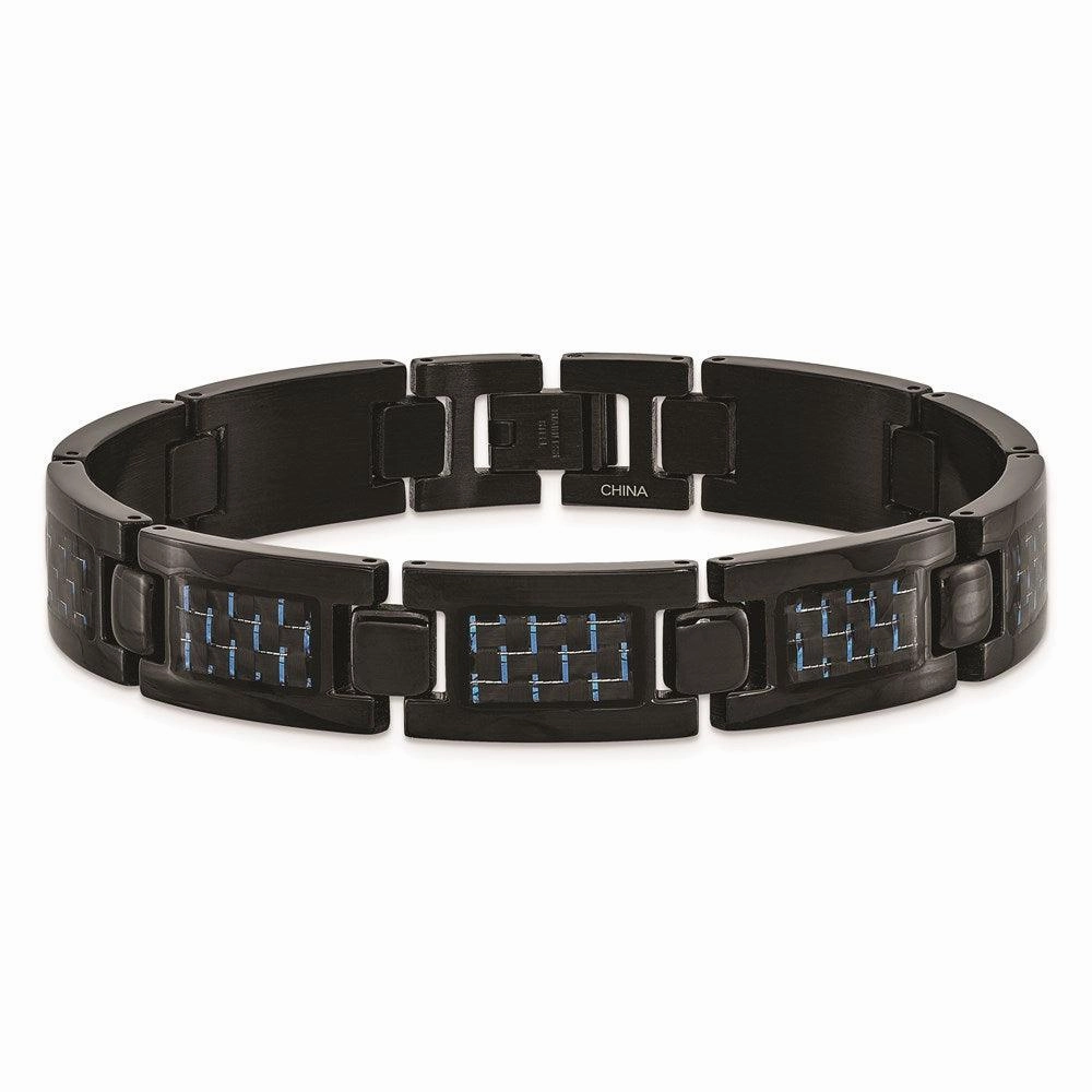 Stainless Steel Polished Black IP-plated w/Blue Carbon Fiber Inlay Bracelet