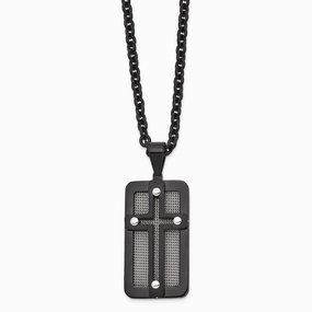 Stainless Steel Polished Black IP-plated w/ Wire Inlay Cross Necklace