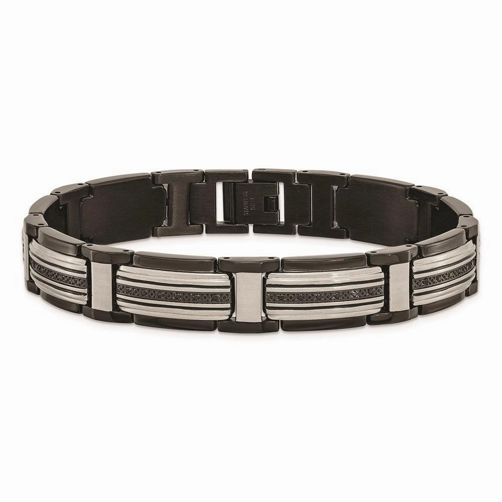 Stainless Steel Polished Black IP-plated with Black CZ 8.75in Link Bracelet
