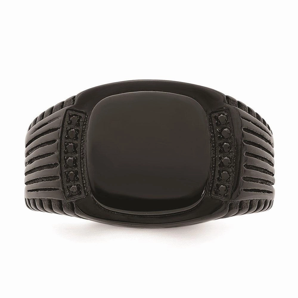 Stainless Steel Polished Black IP-plated with Black CZ Signet Ring