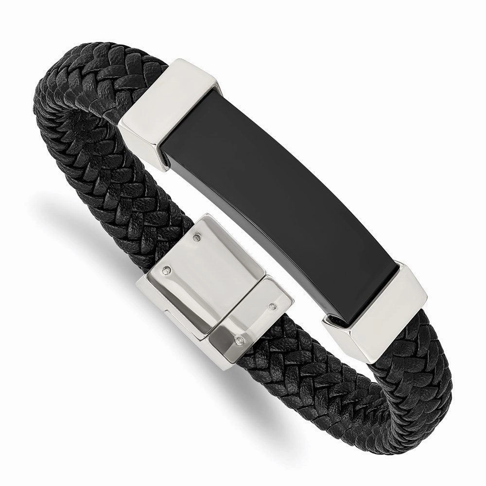 Stainless Steel Polished Black IP-plated with Black Leather 8.5in Bracelet