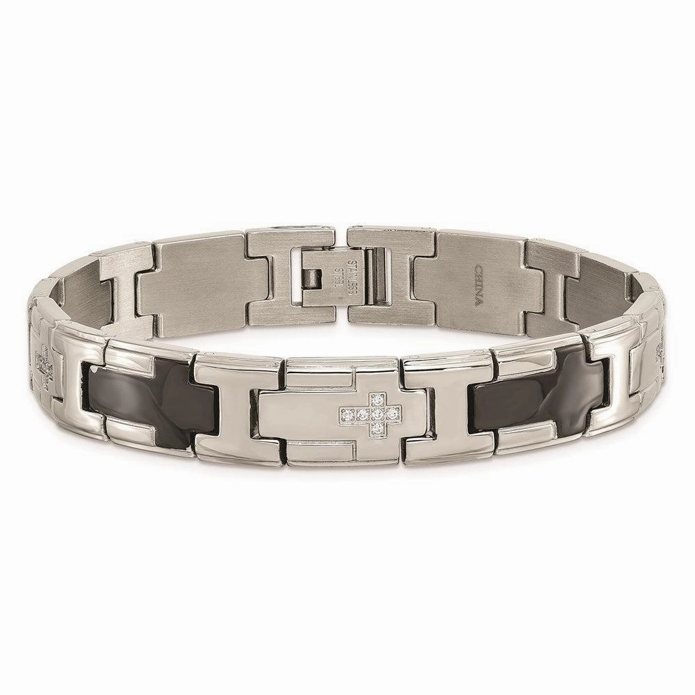 Stainless Steel Polished Black IP-plated with CZ Cross Bracelet