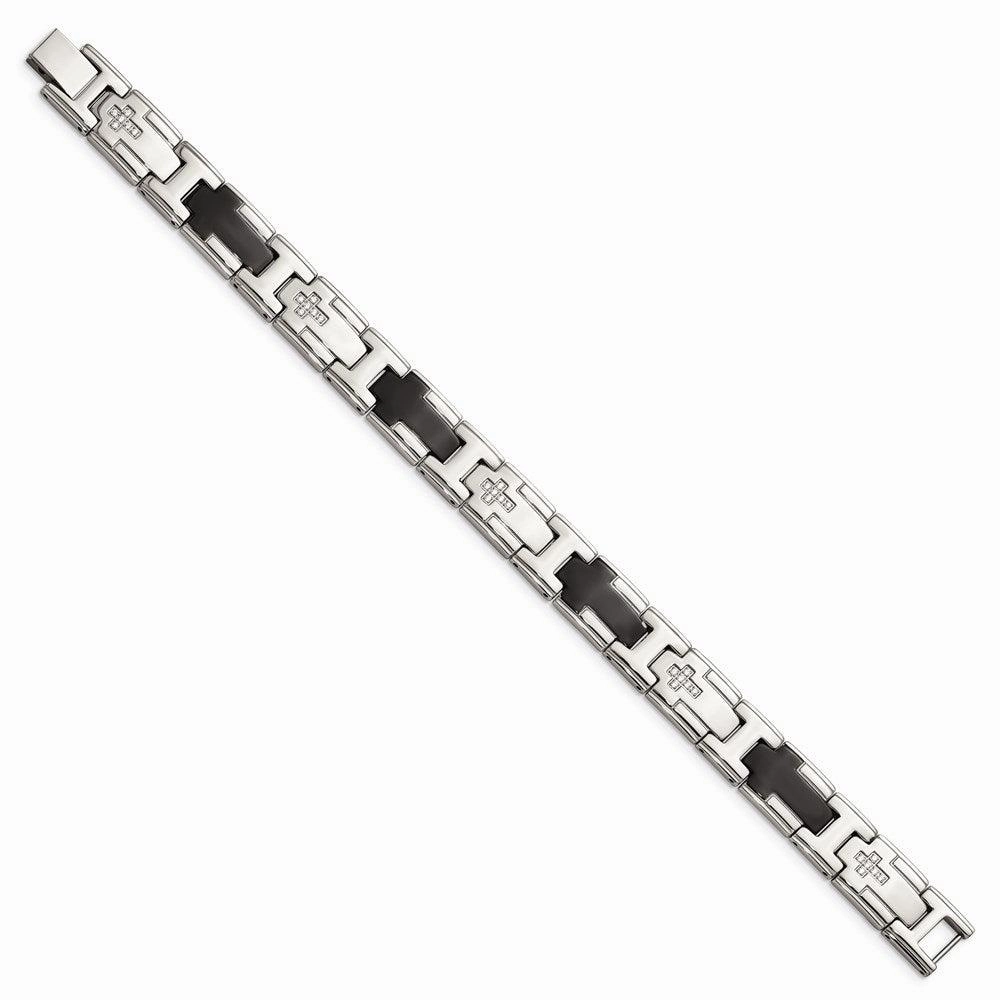 Stainless Steel Polished Black IP-plated with CZ Cross Bracelet
