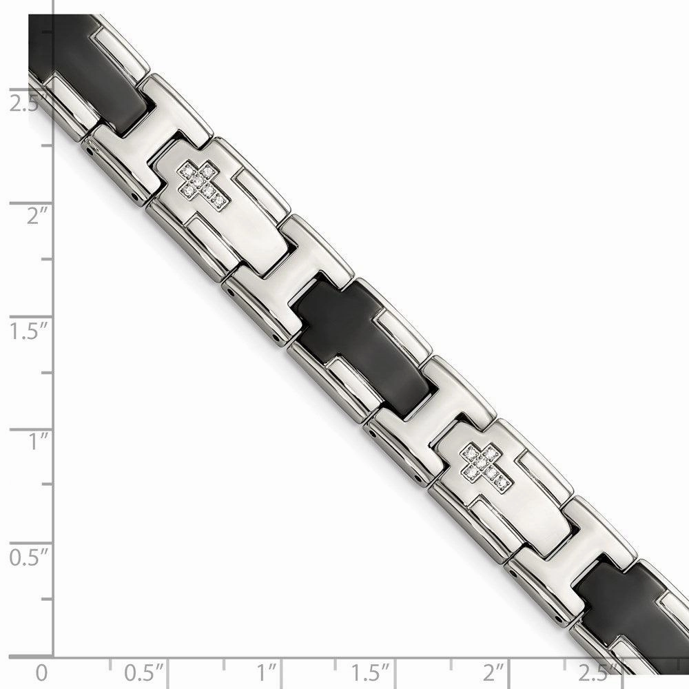 Stainless Steel Polished Black IP-plated with CZ Cross Bracelet
