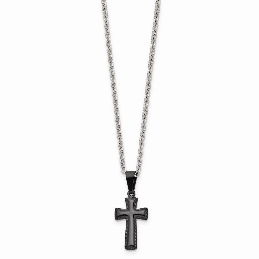 Stainless Steel Polished Black IP Small Pillow Cross Necklace