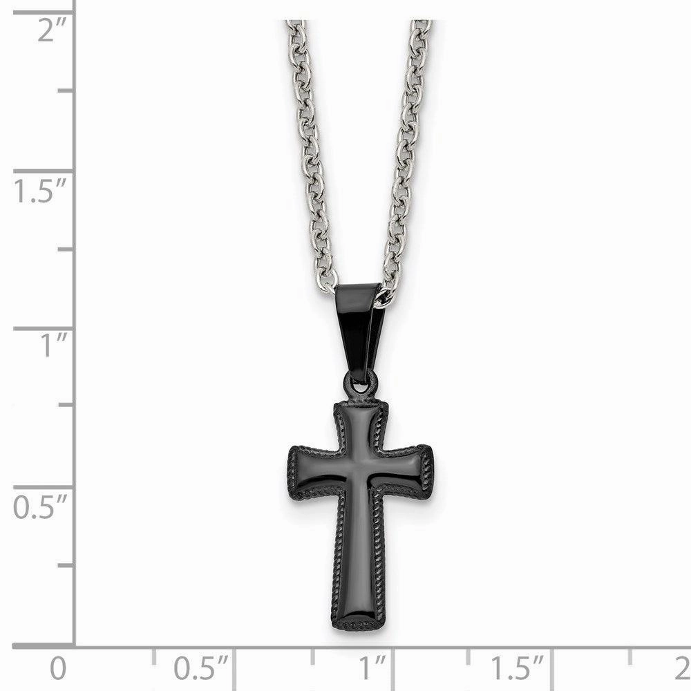 Stainless Steel Polished Black IP Small Pillow Cross Necklace
