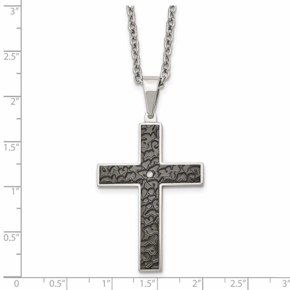 Stainless Steel Polished Black IP Textured CZ Cross Necklace