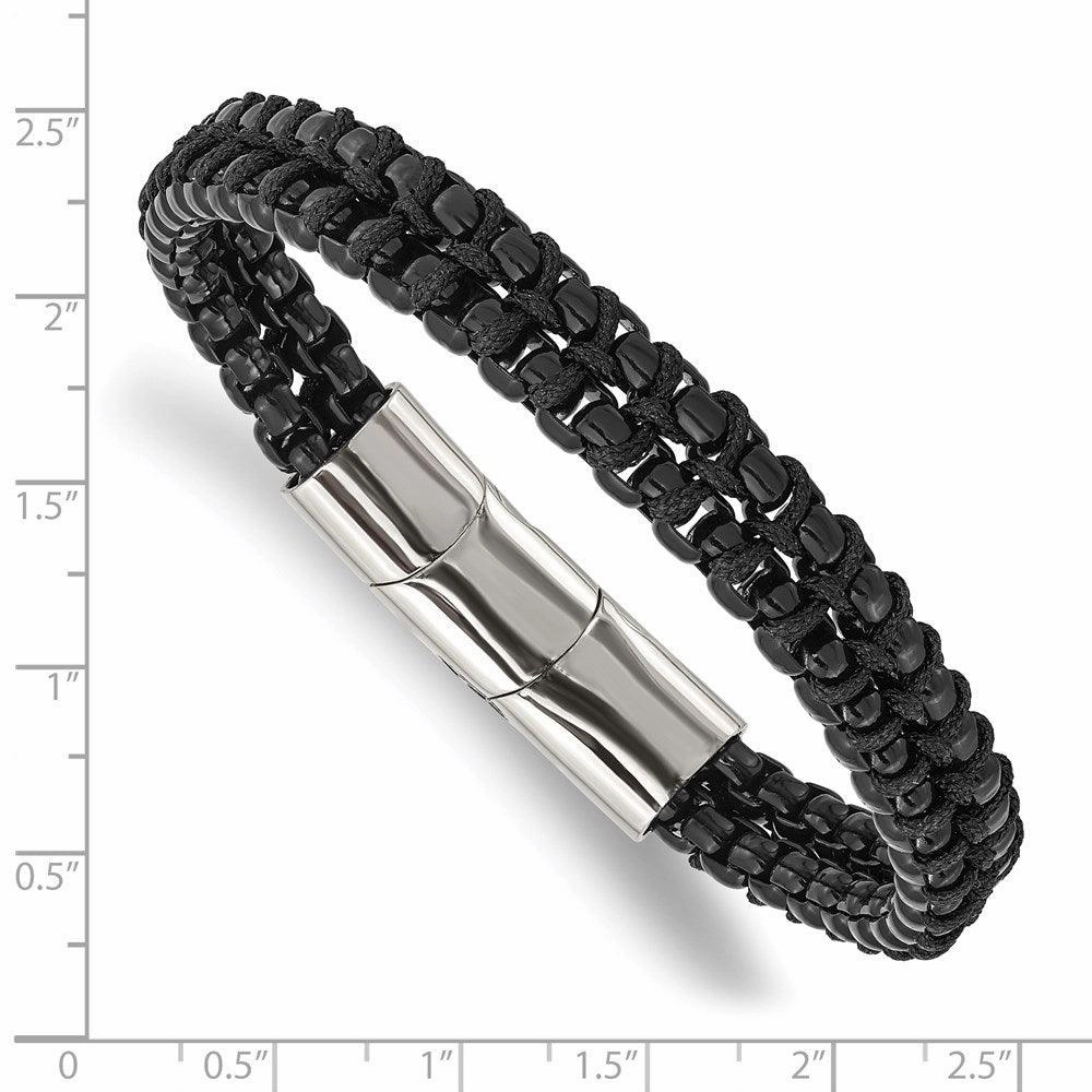 Stainless Steel Polished Black IP w/Black Cotton w/.5in ext. 8.5in Bracelet