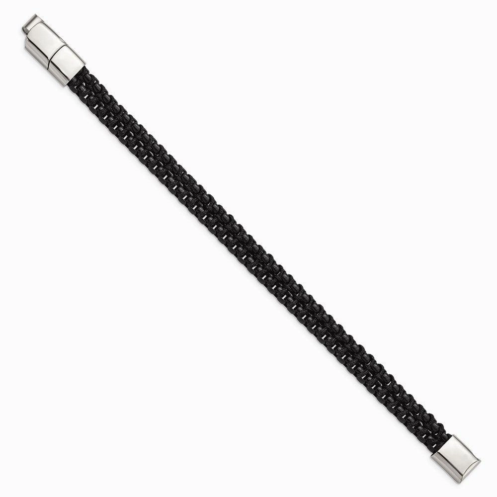 Stainless Steel Polished Black IP w/Black Cotton w/.5in ext. 8.5in Bracelet