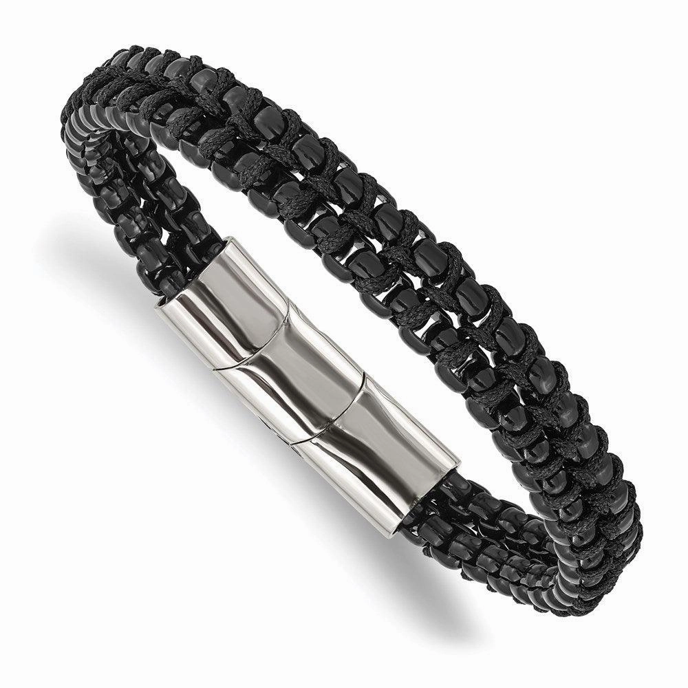 Stainless Steel Polished Black IP w/Black Cotton w/.5in ext. 8.5in Bracelet