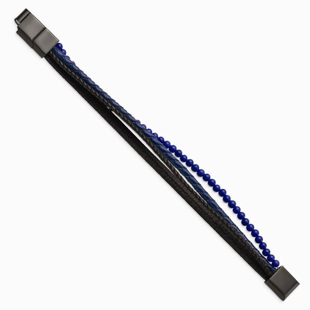 Stainless Steel Polished Black IP with Lapis Leather w/.5in ext Bracelet