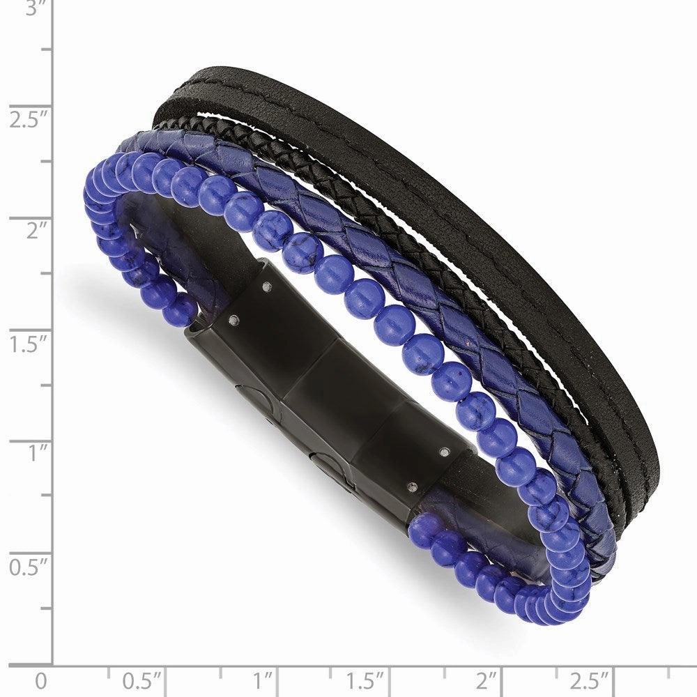 Stainless Steel Polished Black IP with Lapis Leather w/.5in ext Bracelet