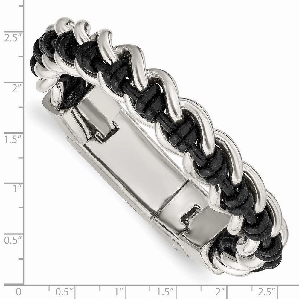 Stainless Steel Polished Black Leather 8.5in Bracelet