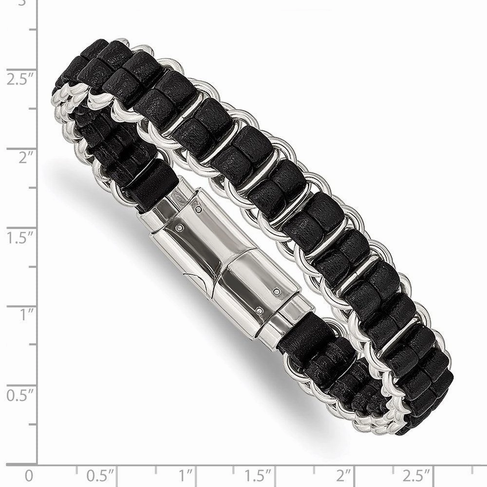 Stainless Steel Polished Black Leather 8.5in Bracelet