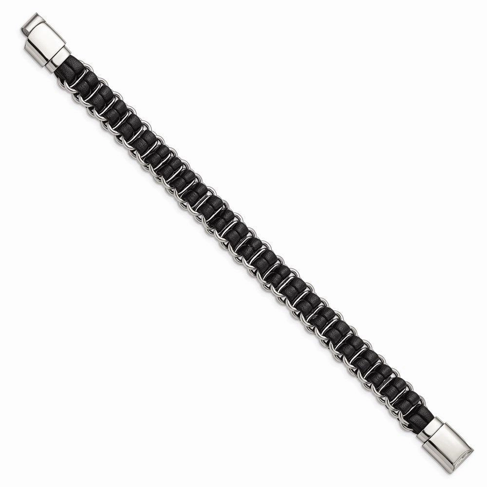 Stainless Steel Polished Black Leather 8.5in Bracelet